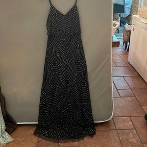 Full length, navy beaded prom dress. Size 8.